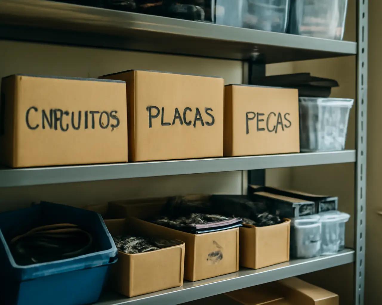 Prateleira de assistência técnica com caixas de peças e componentes eletrônicos organizados