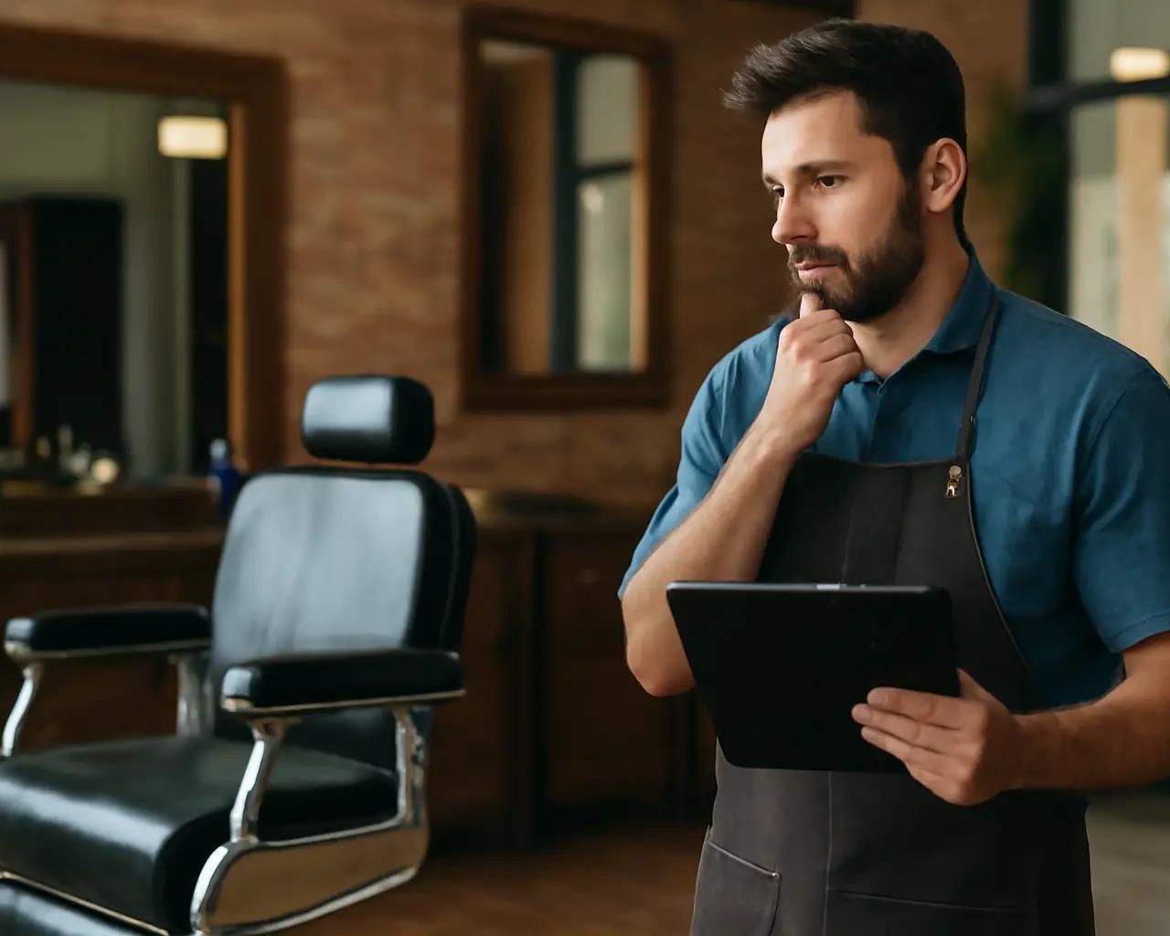 Dono de barbearia com uma prancheta na mão olhando para a cadeira vazia, com uma expressão pensativa.