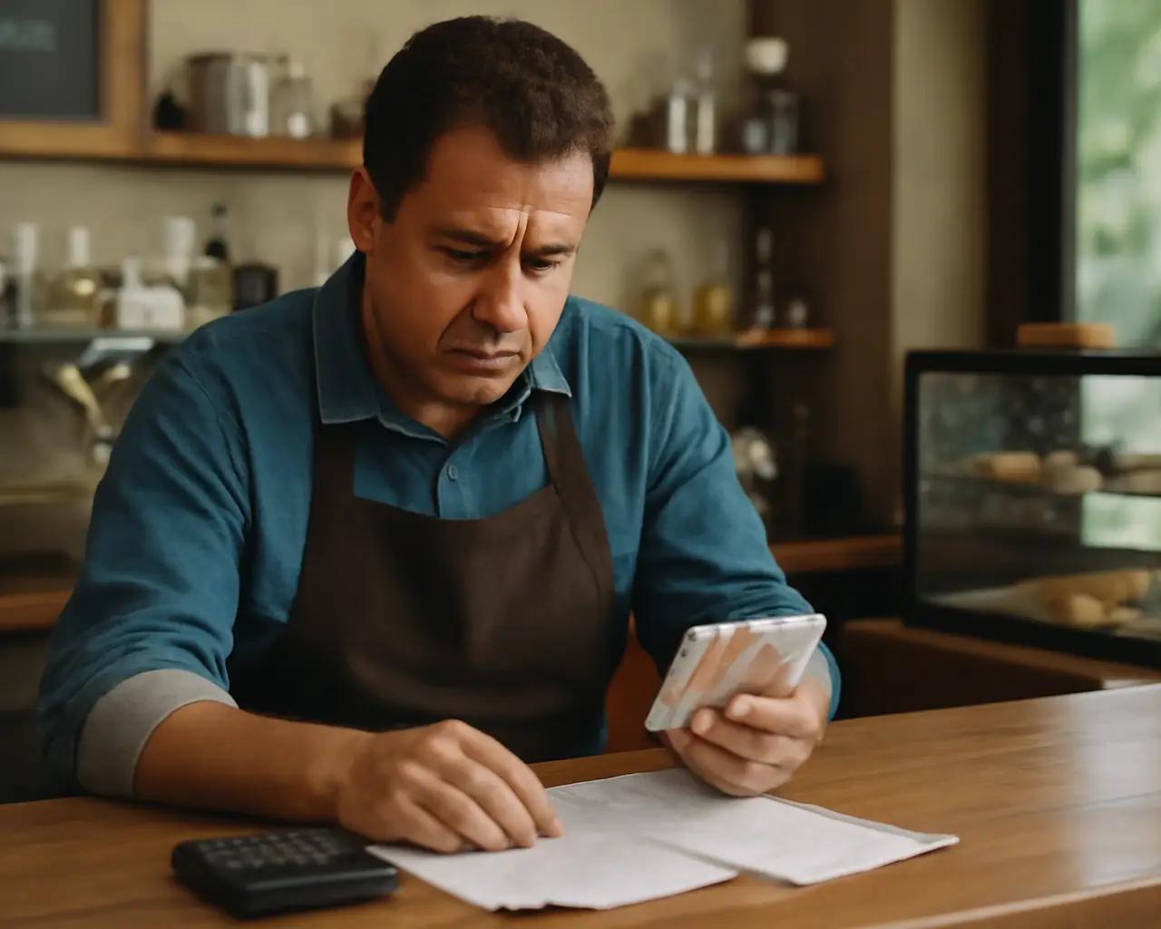 Dono de cafeteria contando dinheiro do caixa com expressão preocupada enquanto olha contas pessoais sobre o balcão