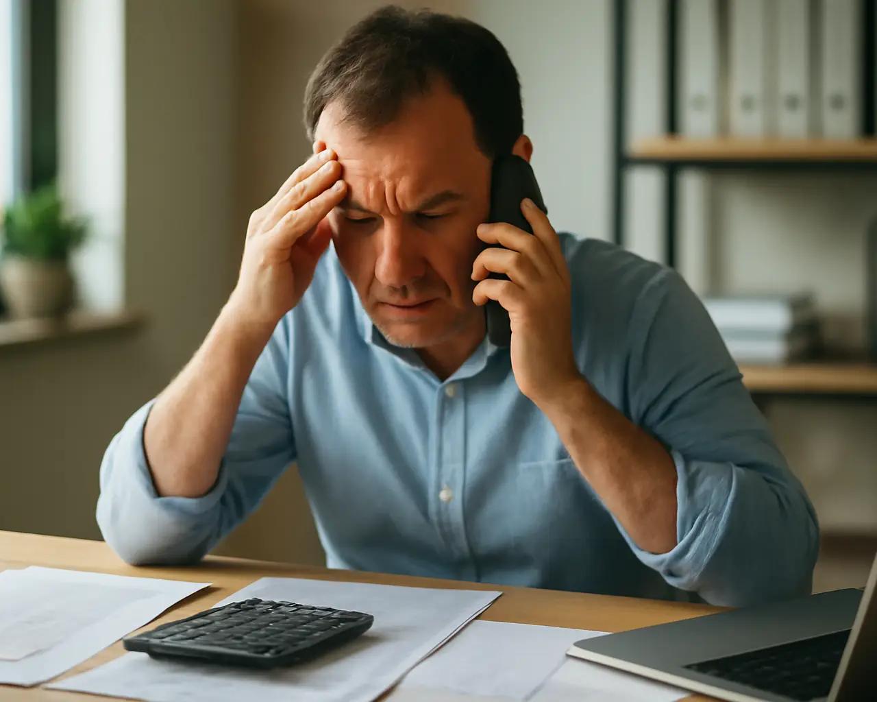 Dono de escritório contábil preocupado ao telefone, com papéis e uma calculadora na mesa.