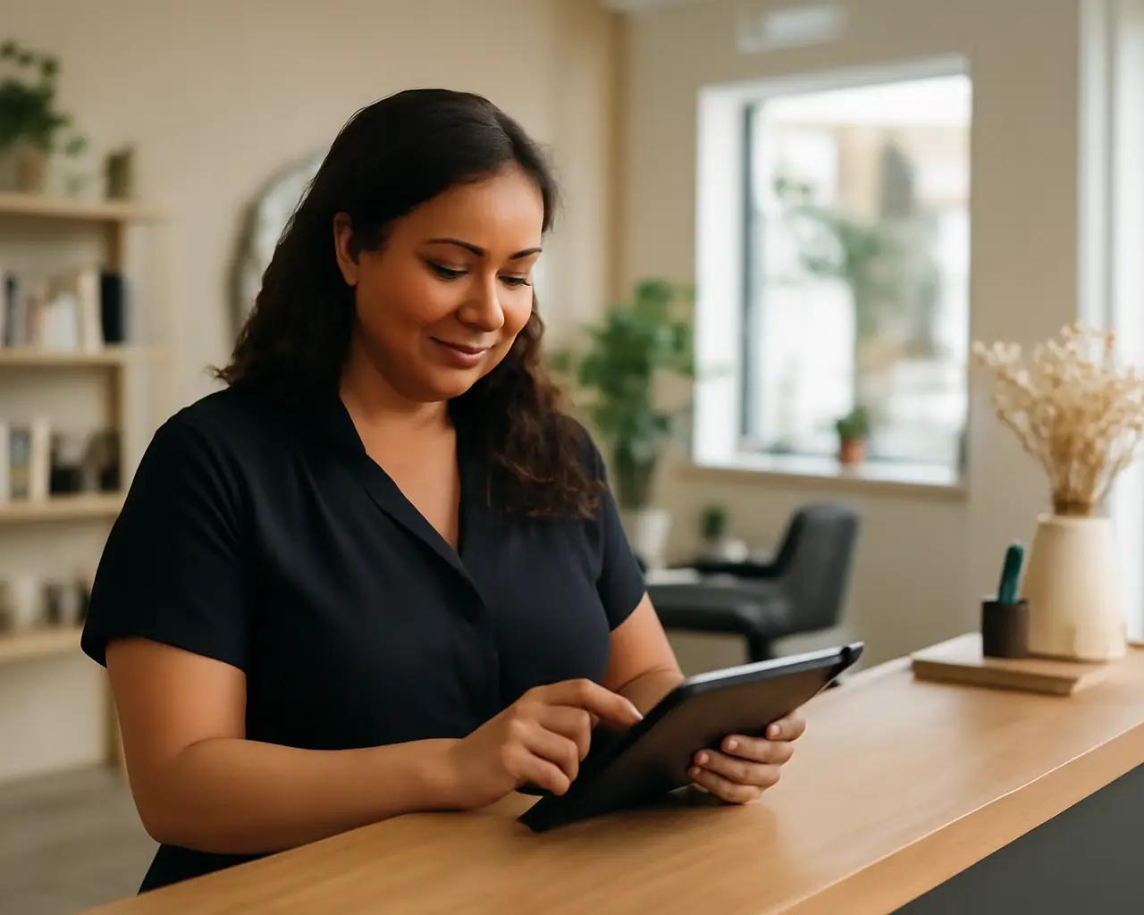 Proprietária de salão de beleza revisando agenda de clientes em tablet no balcão de recepção