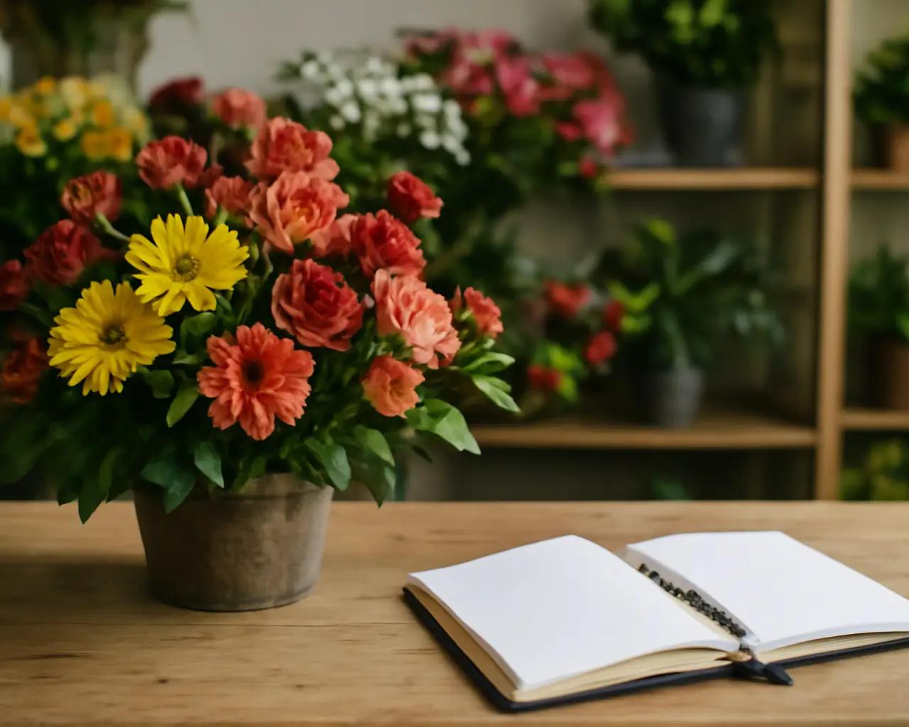 Balcão de floricultura com arranjo de flores coloridas e caderno de anotações aberto ao lado
