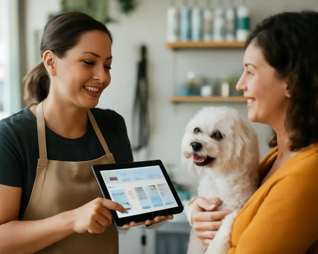 Profissional de pet shop organizando agenda de banho e tosa em tablet enquanto atende cliente com cachorro