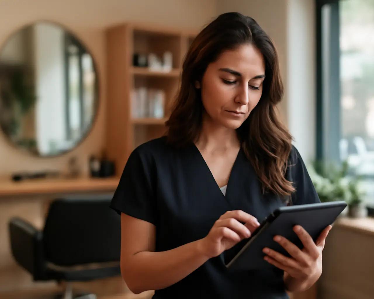 Profissional de estética conferindo agenda em tablet dentro de salão de beleza moderno