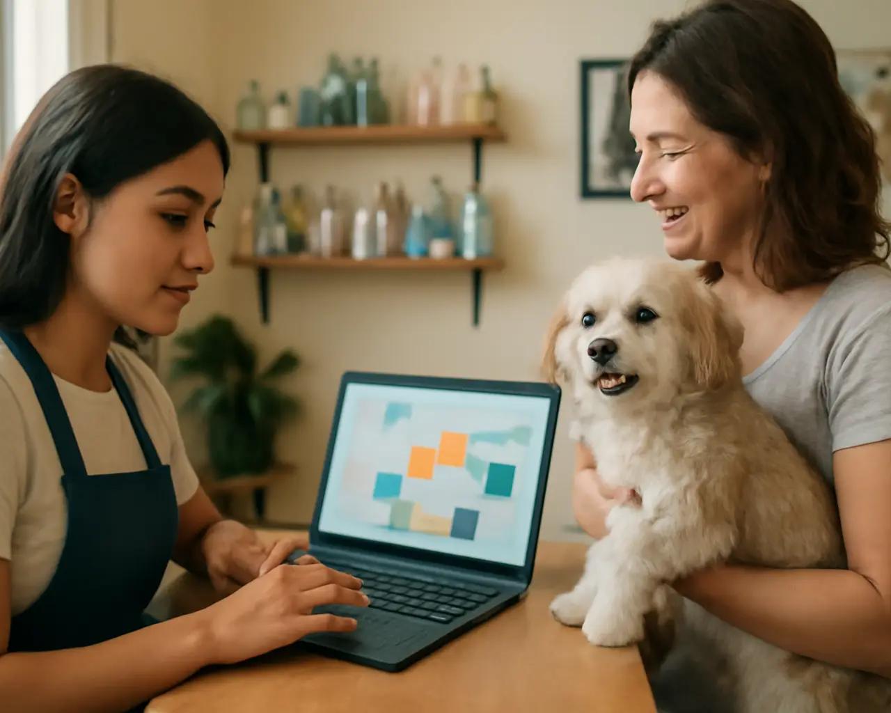 Funcionária de pet shop organizando agenda de banho e tosa em computador enquanto atende cliente com cachorro