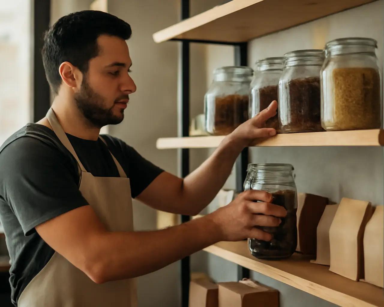 Barista organizando grãos de café e insumos em prateleiras de cafeteria