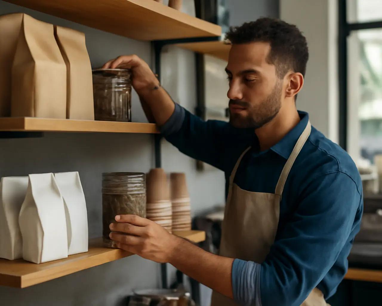 Barista organizando grãos de café e insumos em prateleiras de cafeteria moderna