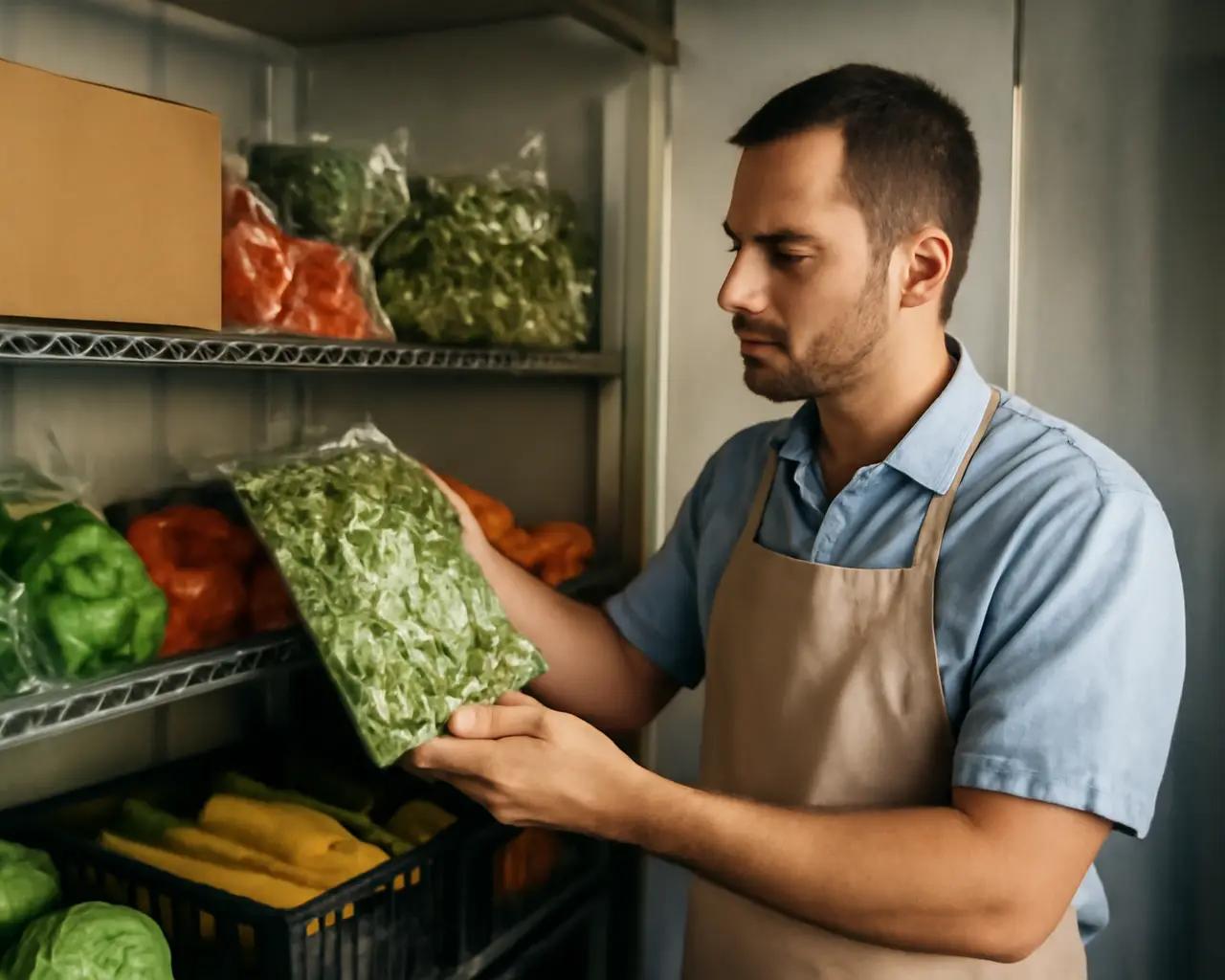 Proprietário de restaurante verificando estoque de ingredientes frescos em câmara fria organizada
