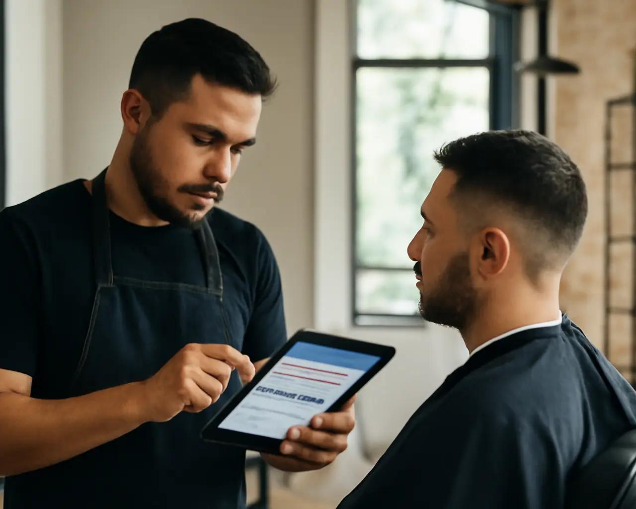 Barbeiro profissional verificando agenda em tablet enquanto atende cliente na cadeira de barbearia moderna
