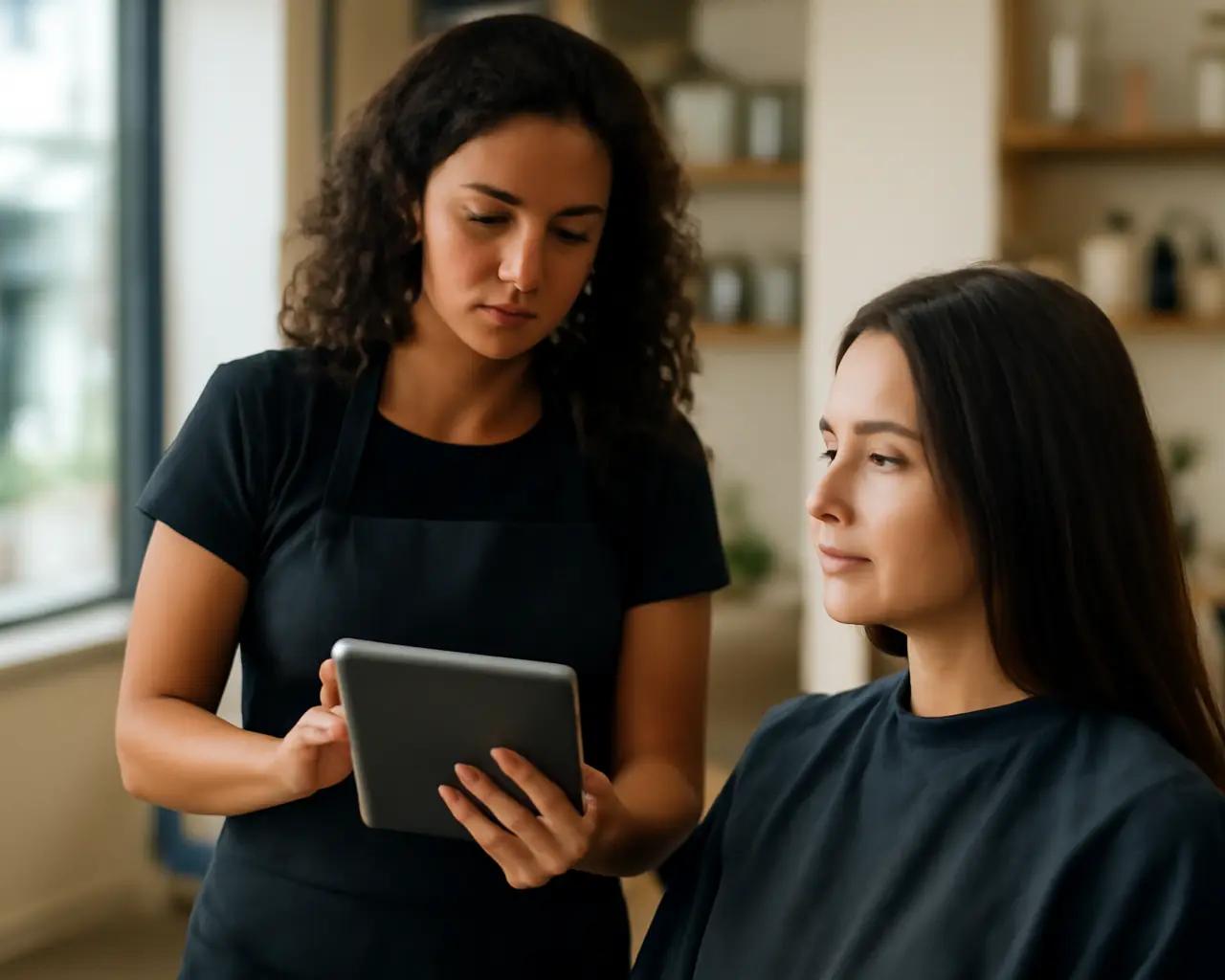 Profissional de salão de beleza verificando agenda em tablet enquanto atende cliente