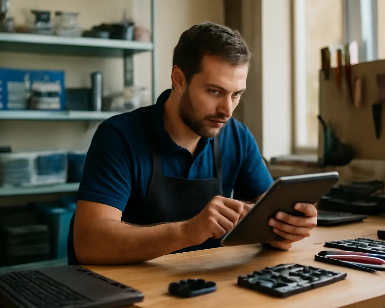 Técnico consultando tablet com ordens de serviço digitais em bancada de assistência técnica organizada