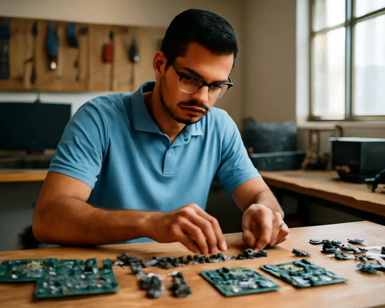 Técnico organizando peças e componentes em bancada de assistência técnica