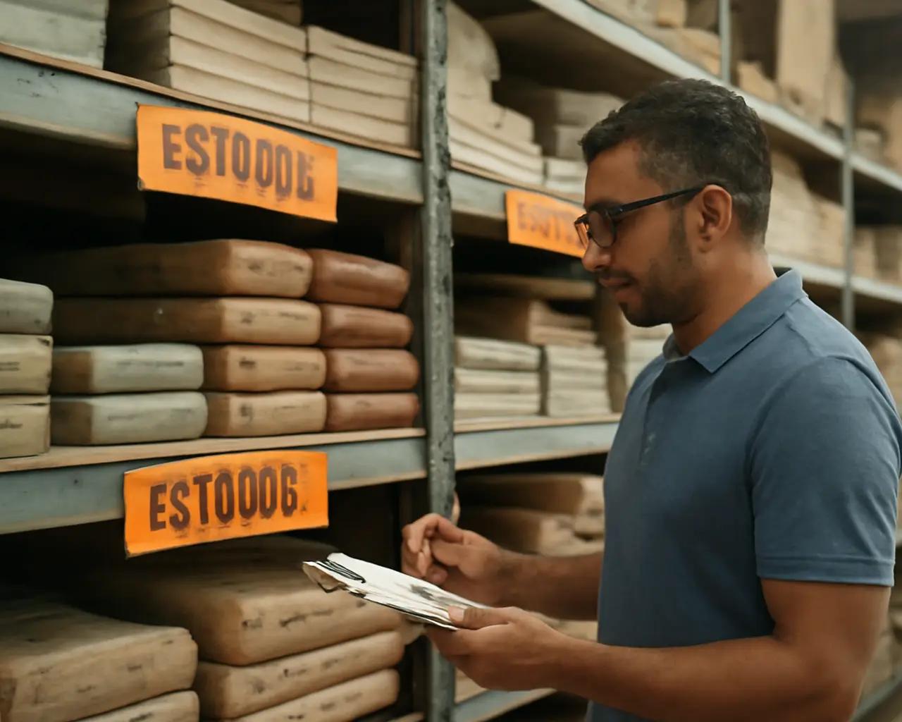 Proprietário conferindo estoque organizado em depósito de material de construção com prateleiras identificadas