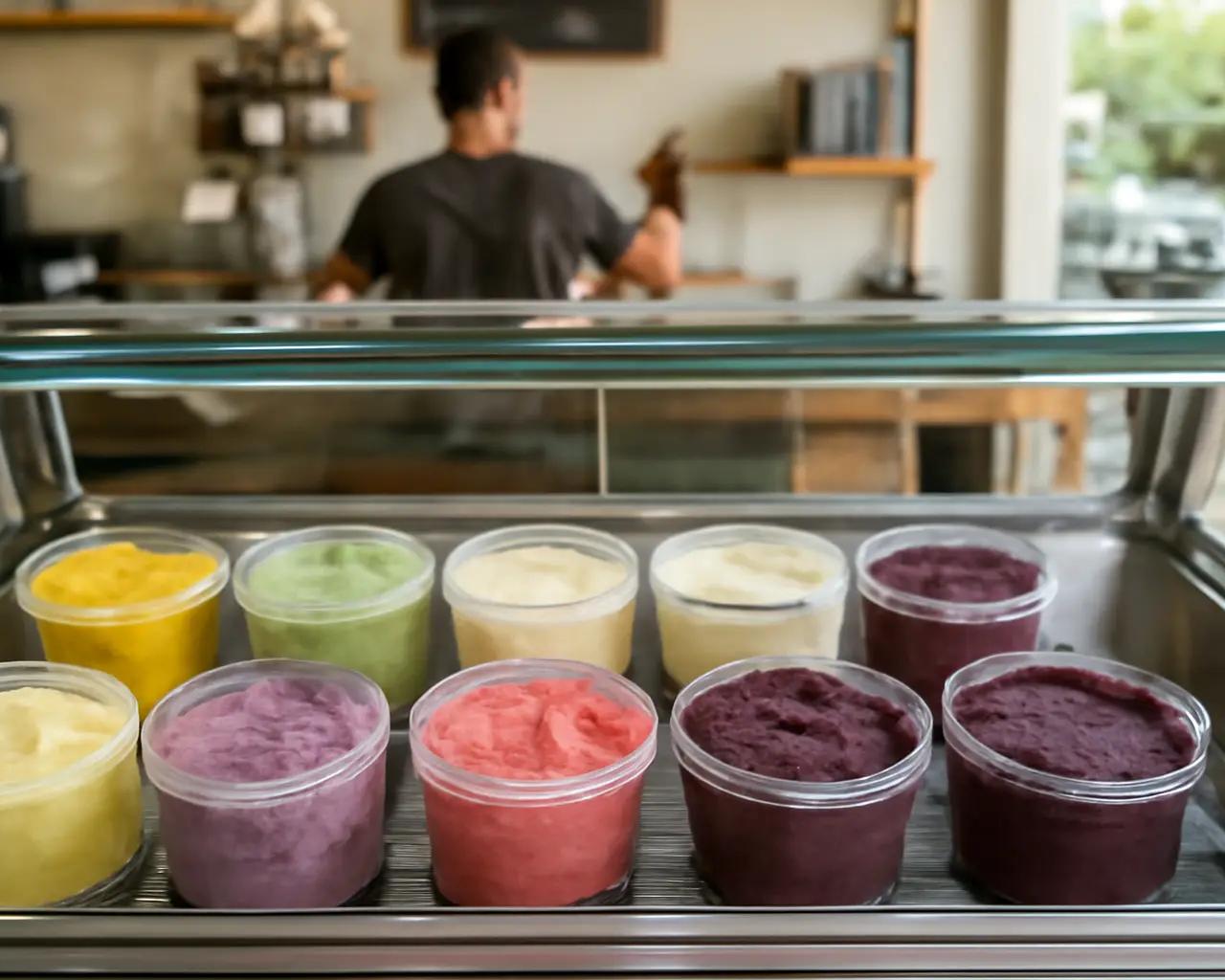 Balcão refrigerado de sorveteria com potes coloridos de sorvete e açaí organizados