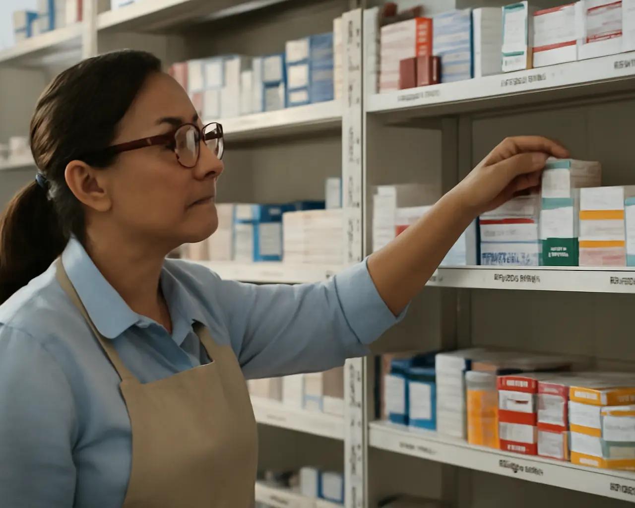 Prateleiras organizadas de farmácia com medicamentos dispostos por ordem de validade e etiquetas de controle visíveis