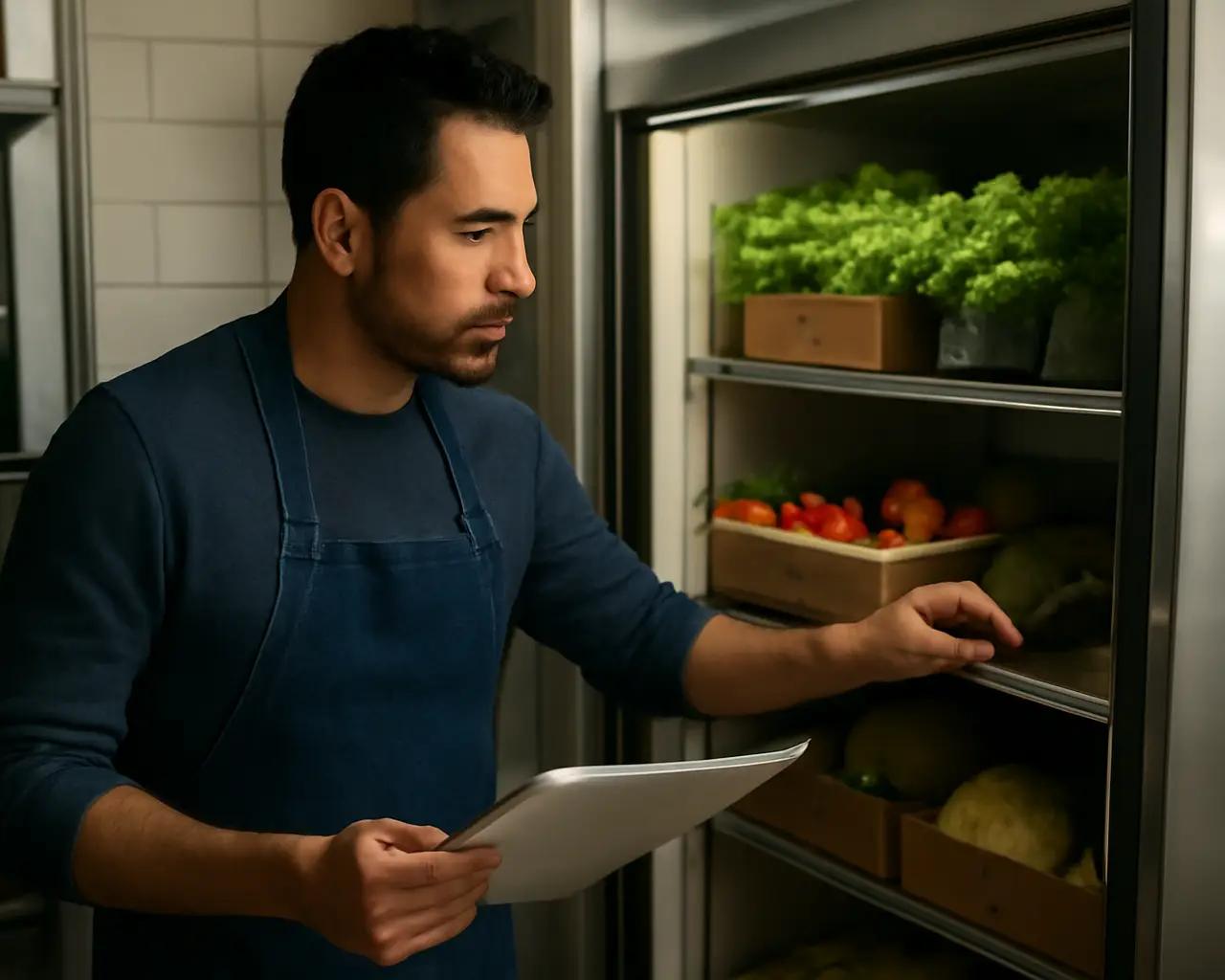 Proprietário de restaurante verificando estoque de ingredientes frescos em câmara fria organizada