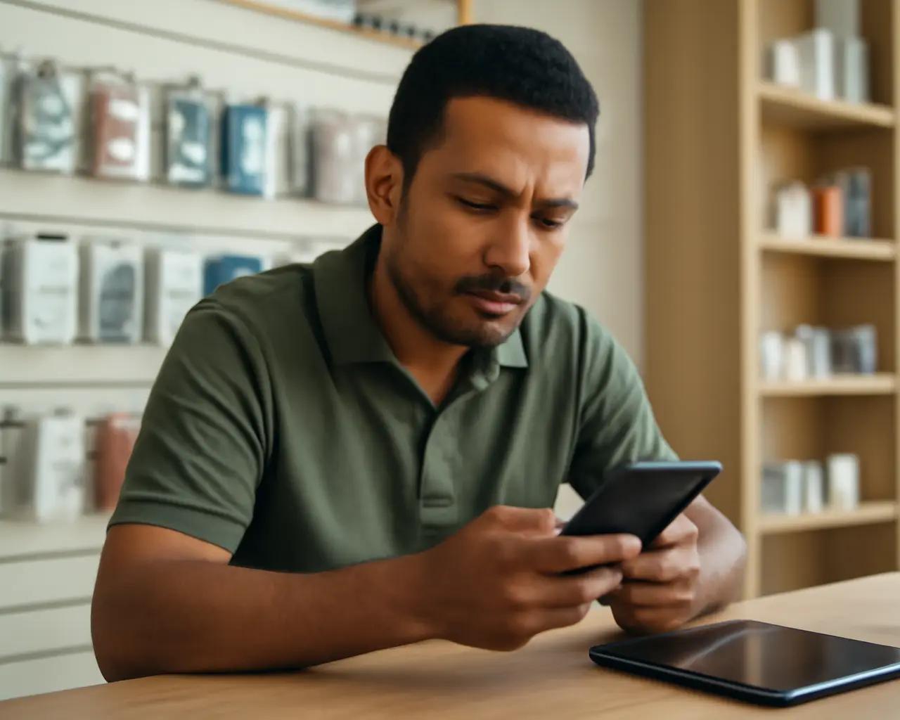 Proprietário de loja de celular verificando código IMEI em smartphone com tablet ao lado