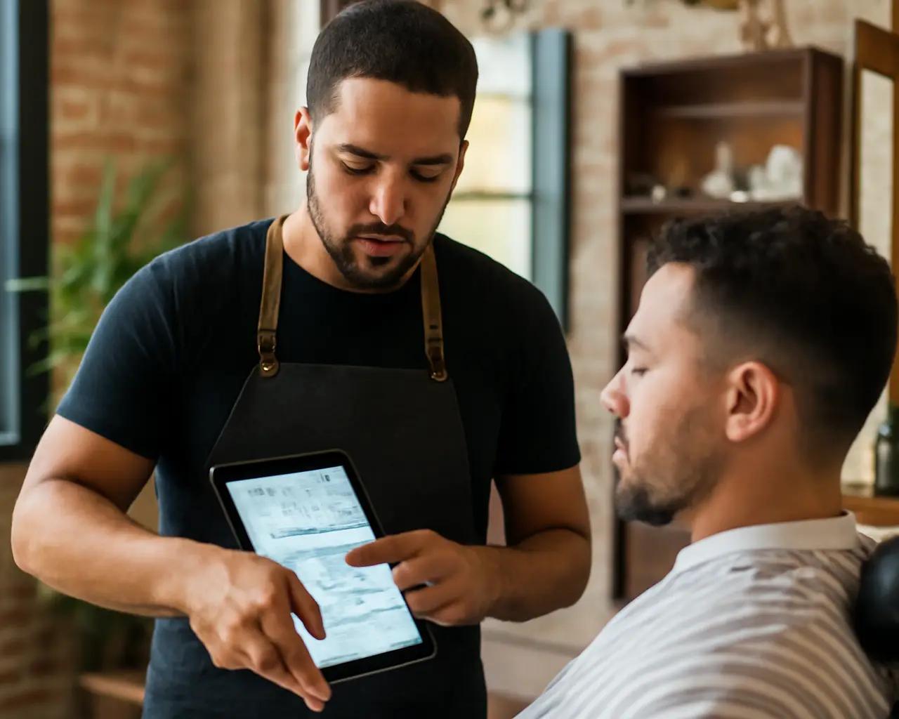 Barbeiro atendendo cliente em cadeira de barbearia enquanto consulta tablet com agenda digital