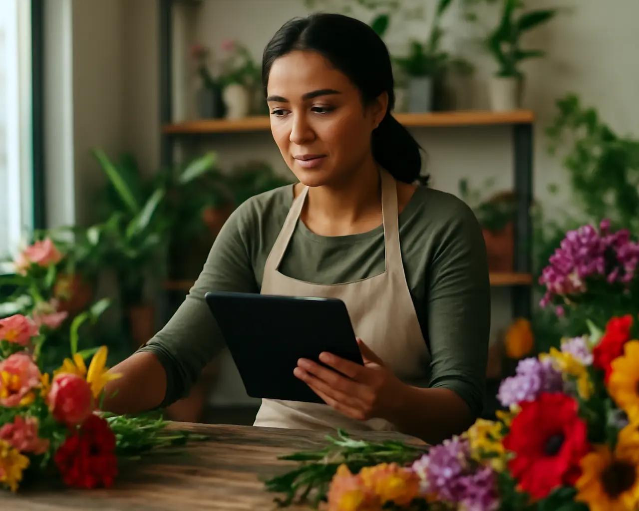 Florista consultando tablet enquanto organiza arranjos coloridos em bancada de trabalho