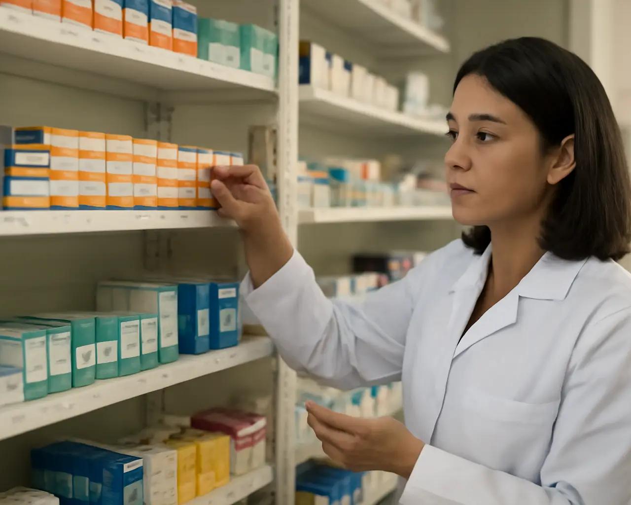Prateleiras organizadas de farmácia com medicamentos dispostos por categoria e validade visível