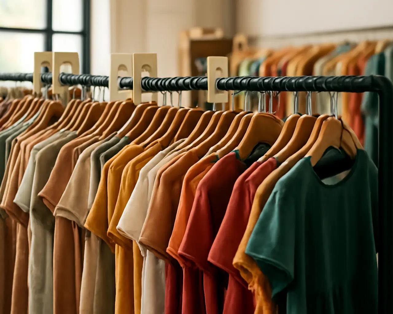 Araras de roupas organizadas por tamanhos e cores em uma loja de vestuário