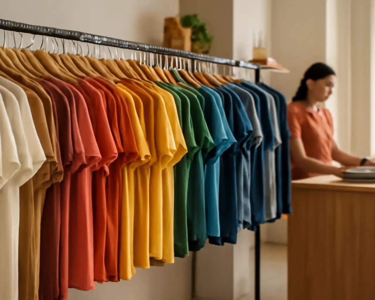 Araras de roupas organizadas por tamanho e cor em loja de confecções