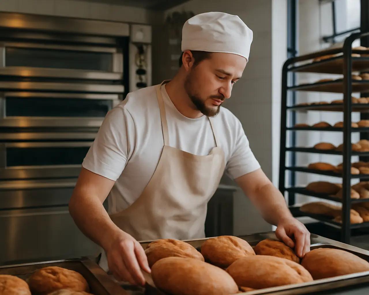 Padeiro organizando produção de pães em uma padaria moderna com bandejas e fornos ao fundo