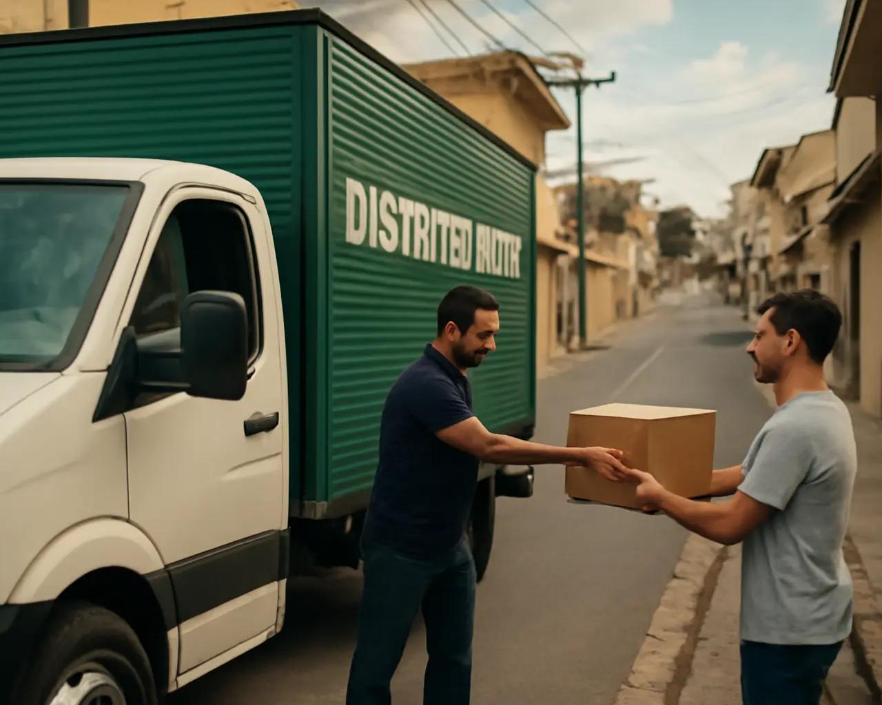 Caminhão de distribuidora realizando entregas organizadas em rota otimizada pela cidade