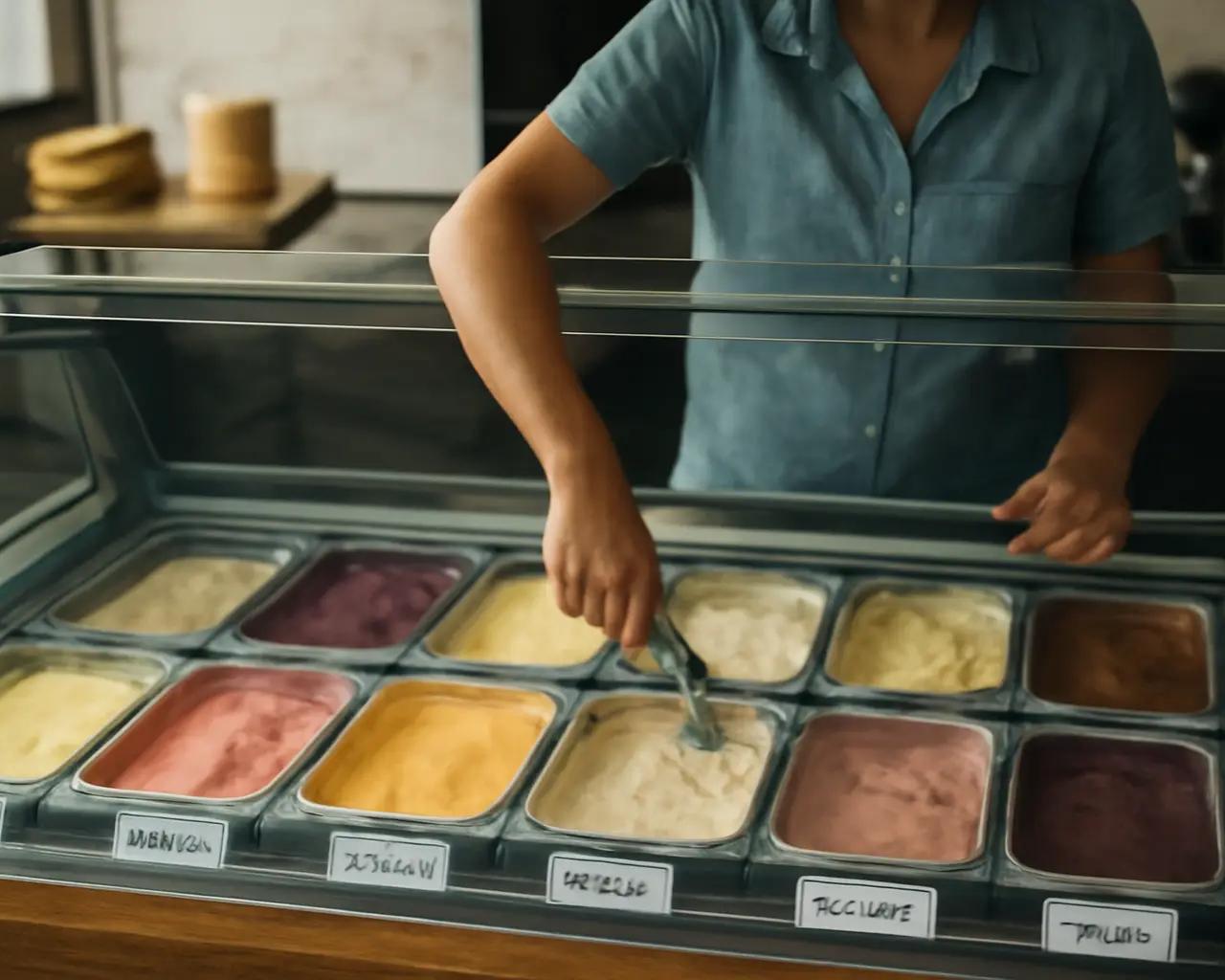 Balcão de sorveteria com potes coloridos de sorvete e açaí organizados em vitrine refrigerada