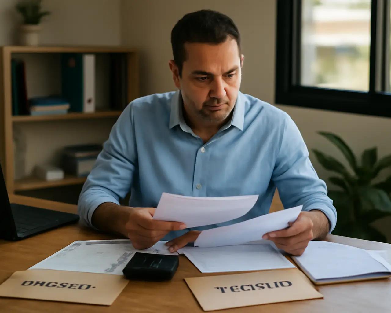 Empresário de transportadora organizando documentos financeiros e separando contas da empresa das pessoais em escritório