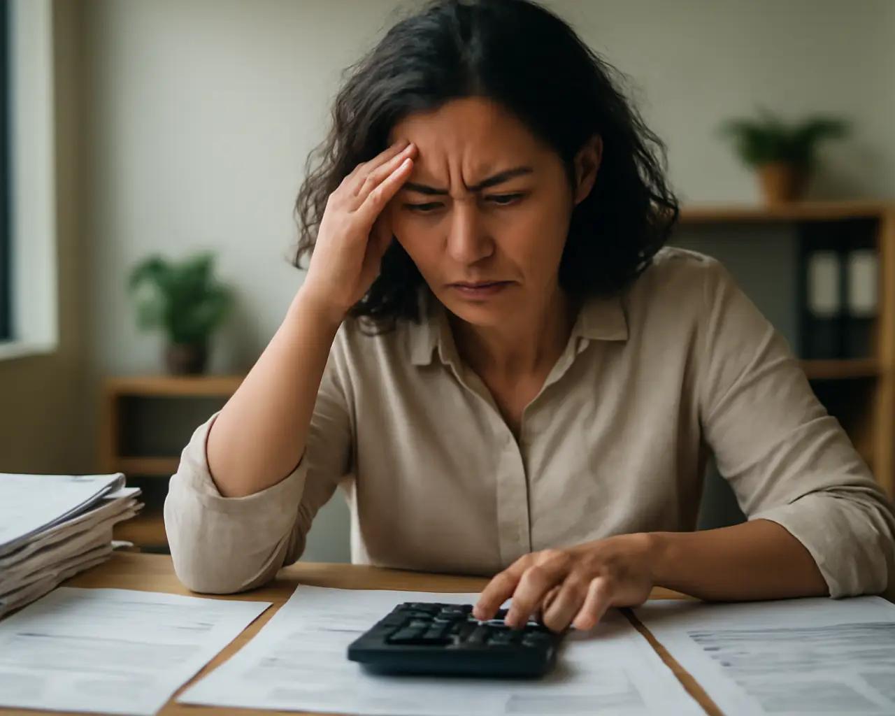Calculadora e papéis espalhados sobre mesa de escritório com expressão de preocupação