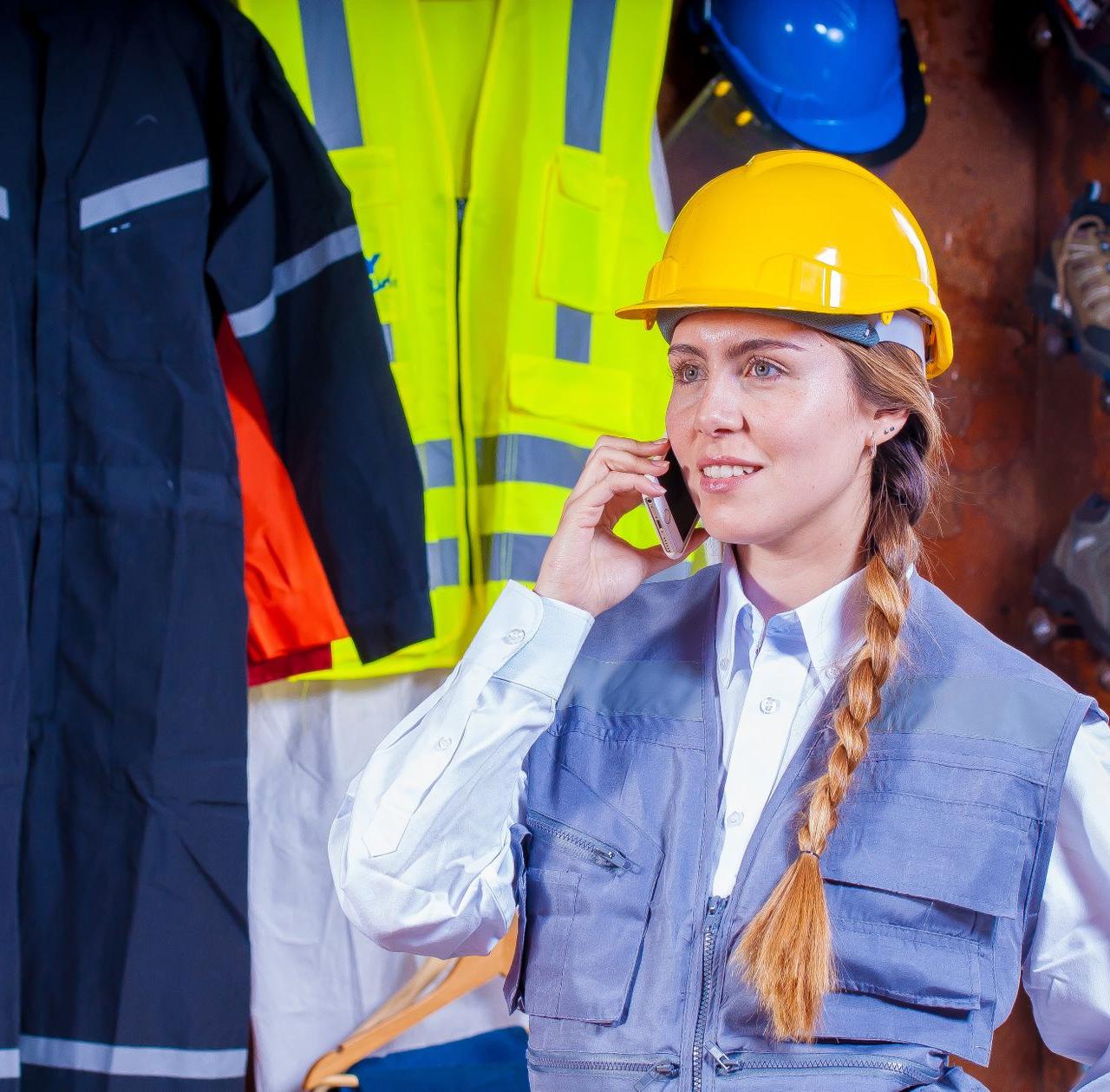 Woman engineer in safety gear with braided hair talks on phone in industrial setting.