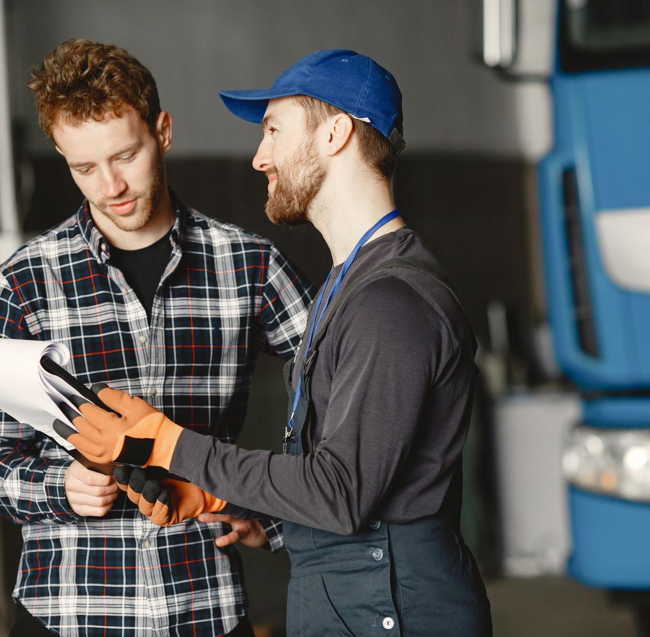 Mechanic in uniform consults with customer in garage setting beside a blue truck.
