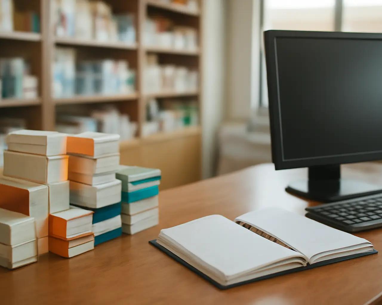 Balcão de farmácia com caixas de medicamentos empilhadas e caderno de controle aberto ao lado do computador