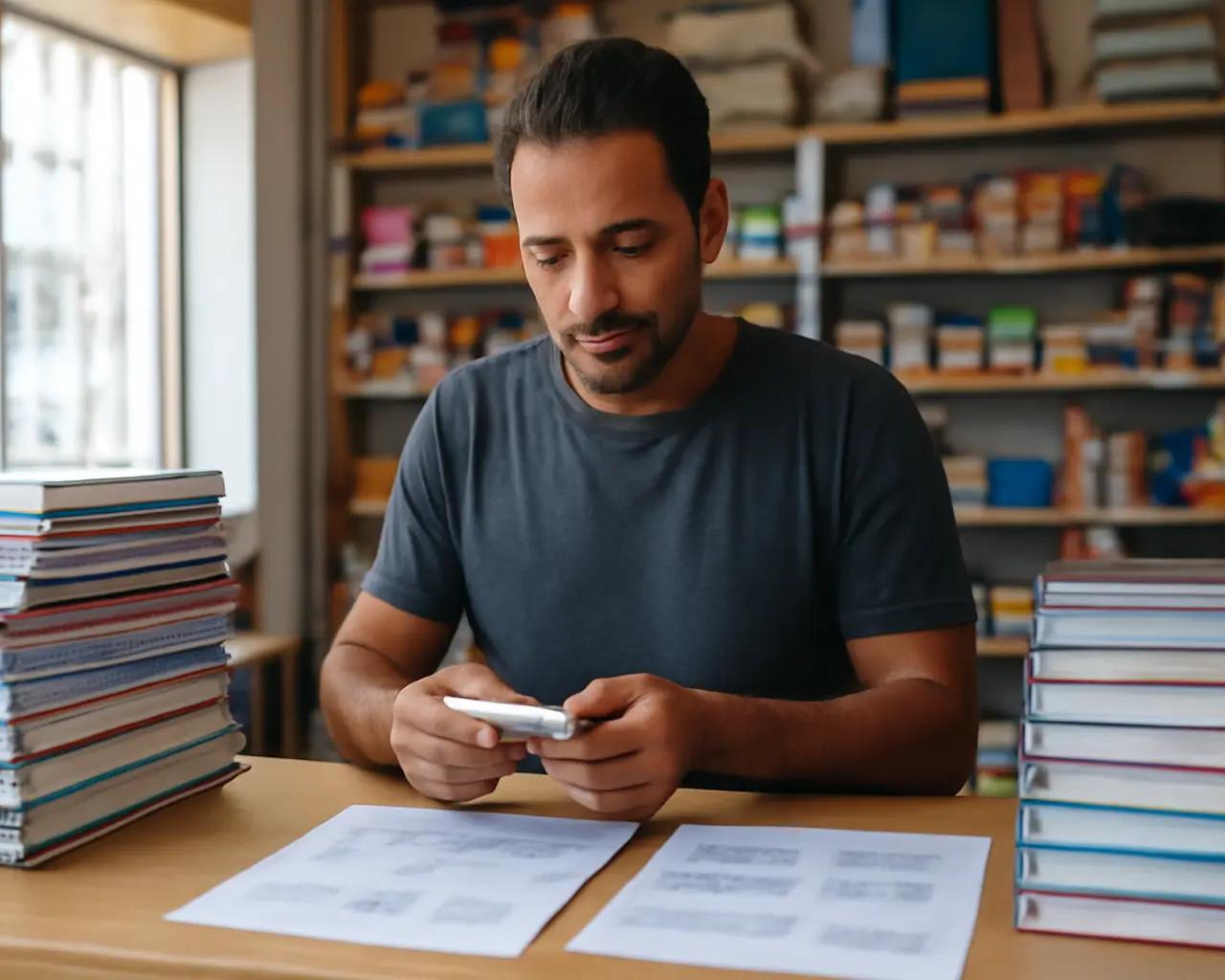 Dono de papelaria contando produtos no balcão cercado por pilhas de cadernos e planilhas impressas