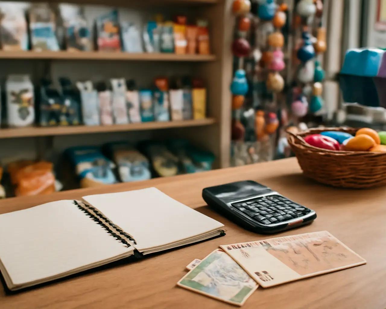 Balcão de pet shop com caderno aberto, calculadora e notas de dinheiro espalhadas