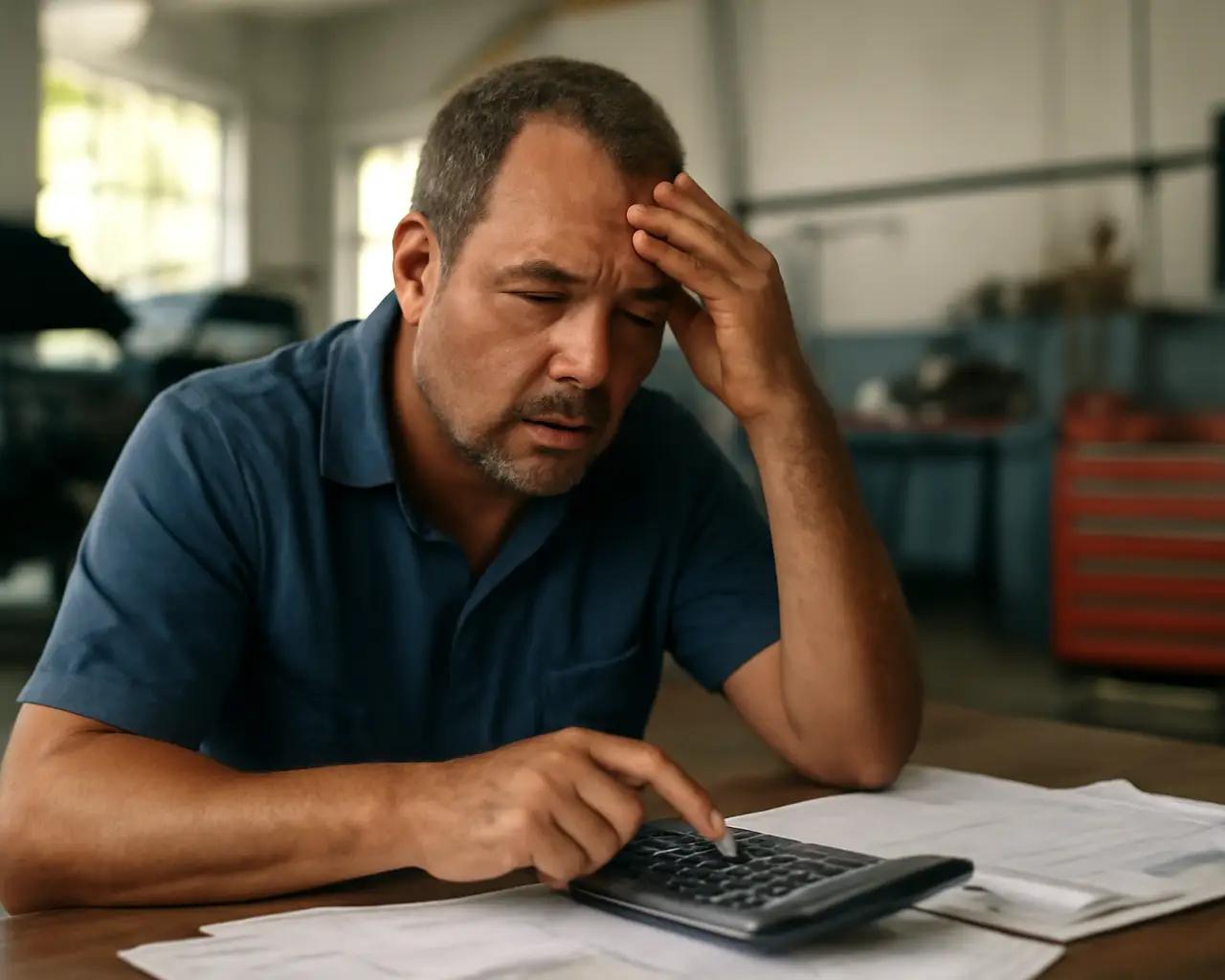 Dono de oficina mecânica sentado à mesa com calculadora e papéis espalhados, expressão preocupada