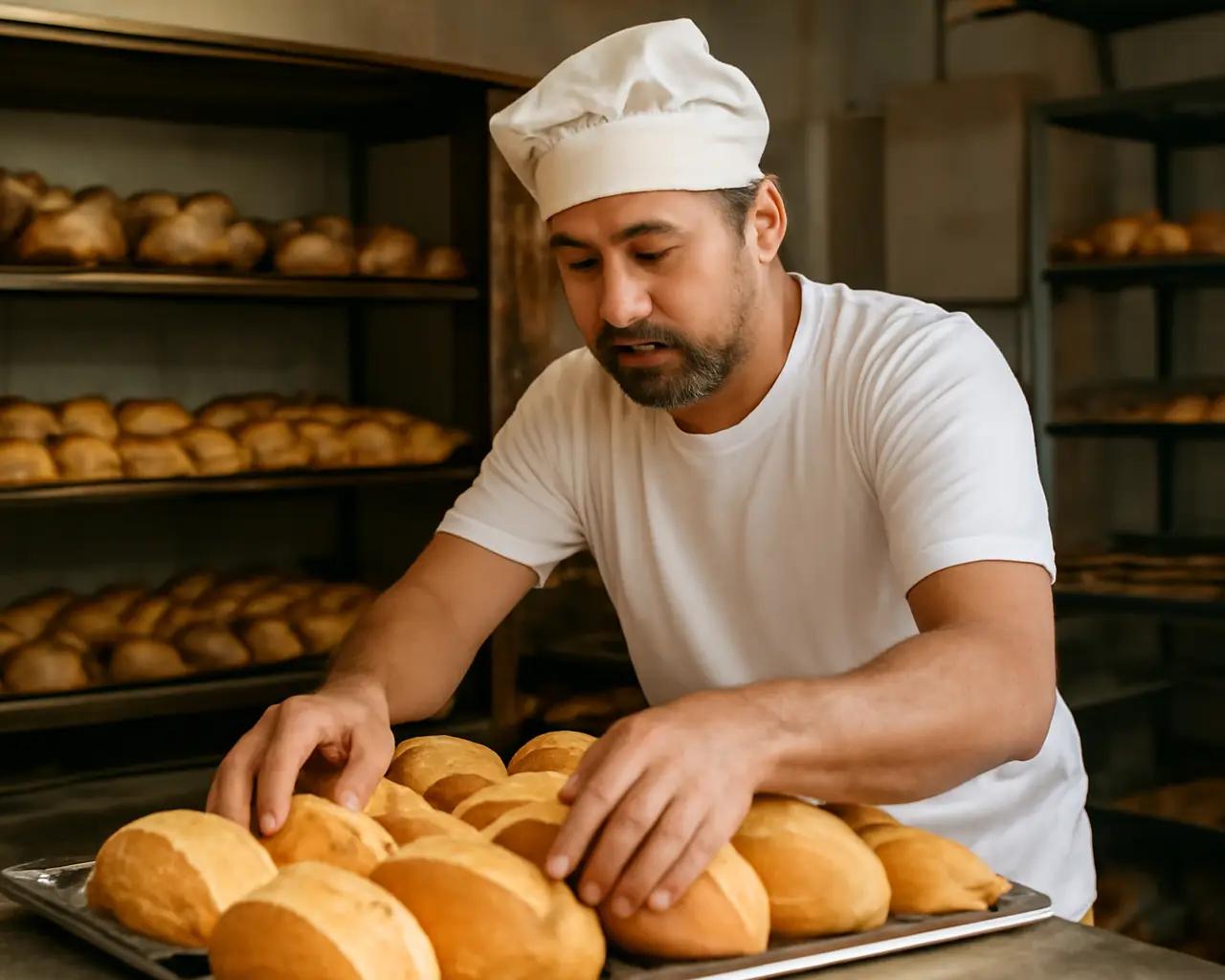 Padeiro organizando pães franceses em uma padaria tradicional brasileira