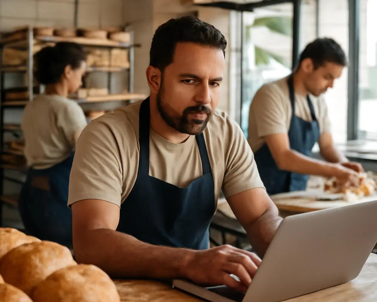 Dono de padaria organizando produção em computador enquanto equipe trabalha ao fundo