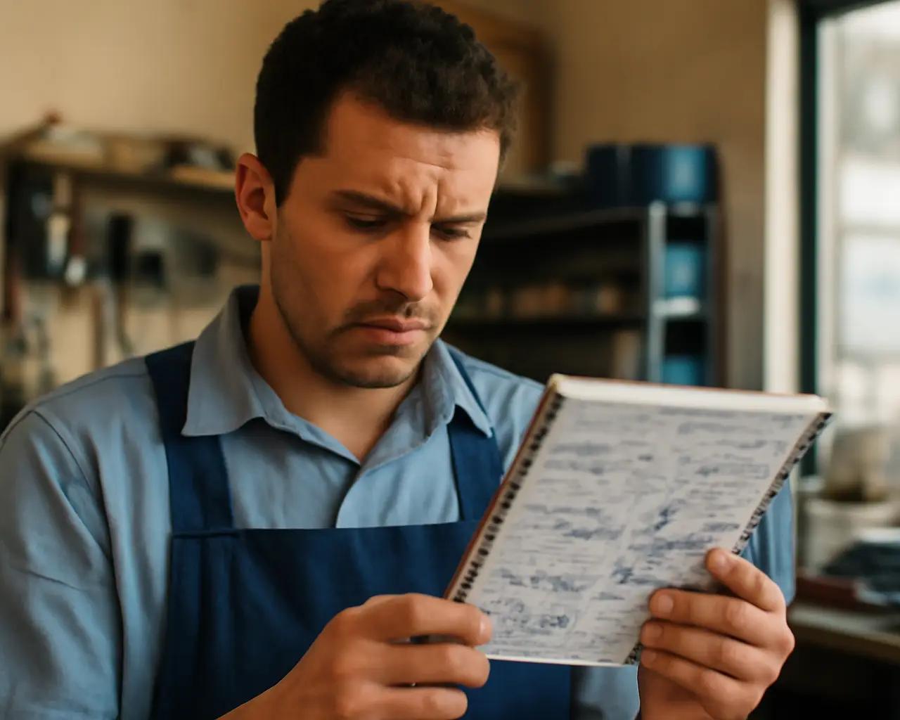 Técnico de assistência olhando agenda de papel confuso com anotações sobrepostas e rabiscadas