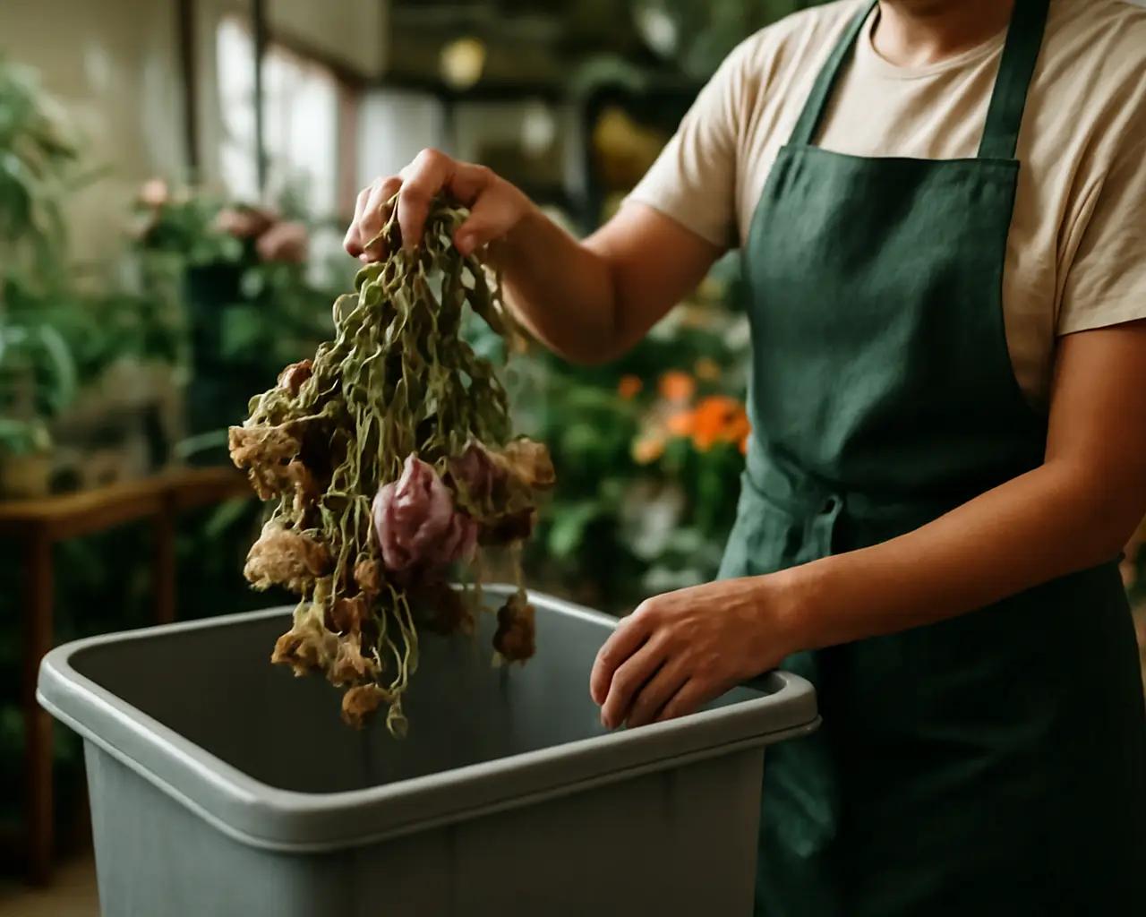 Flores murchas sendo descartadas em lixeira de floricultura