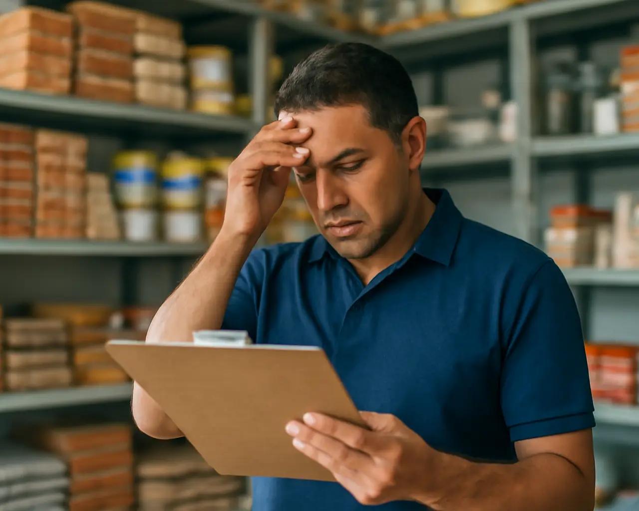 Dono de loja de material de construção preocupado olhando para uma prancheta em meio a prateleiras de produtos.