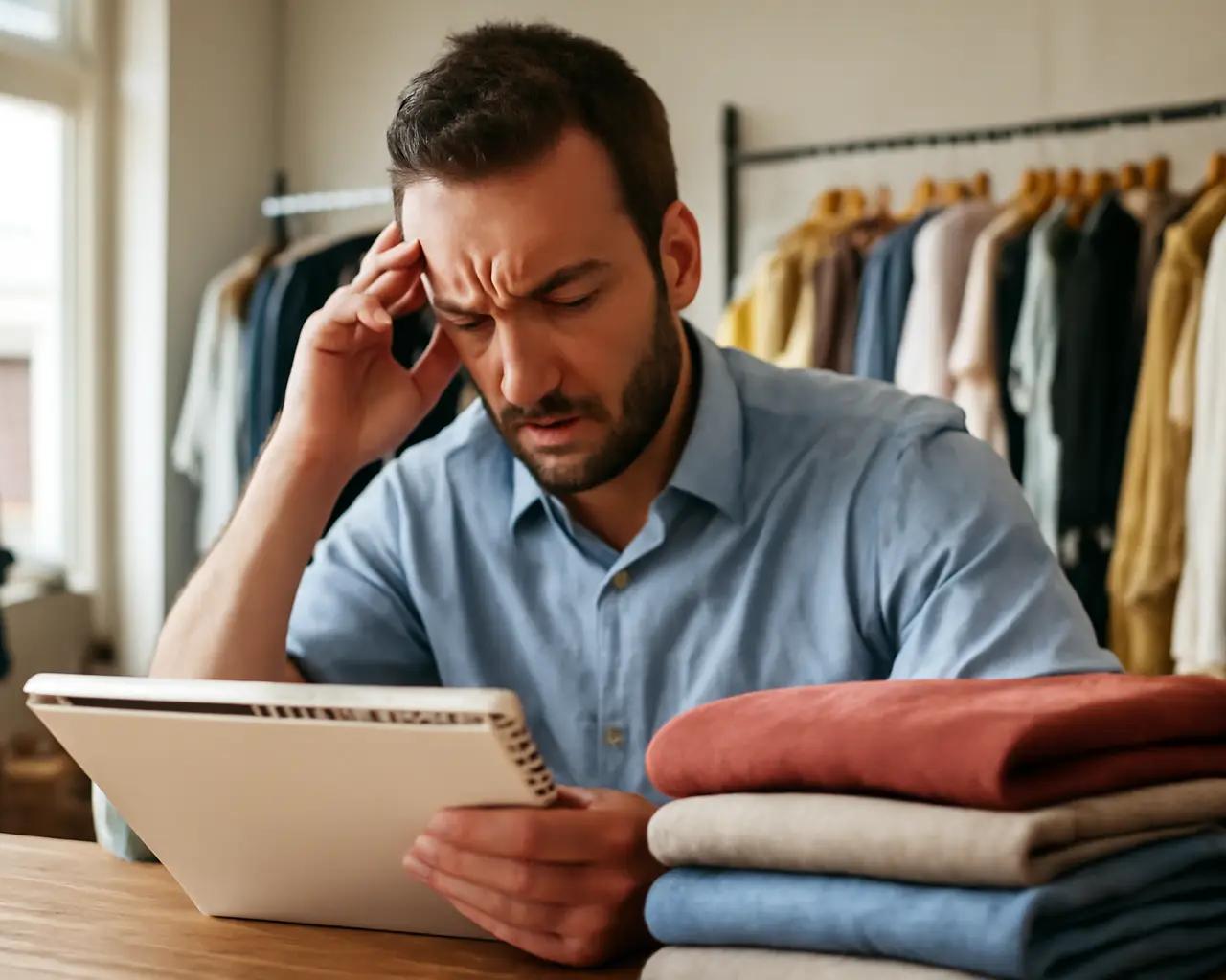 Dono de uma pequena loja de roupas olhando preocupado para um caderno e uma pilha de roupas.
