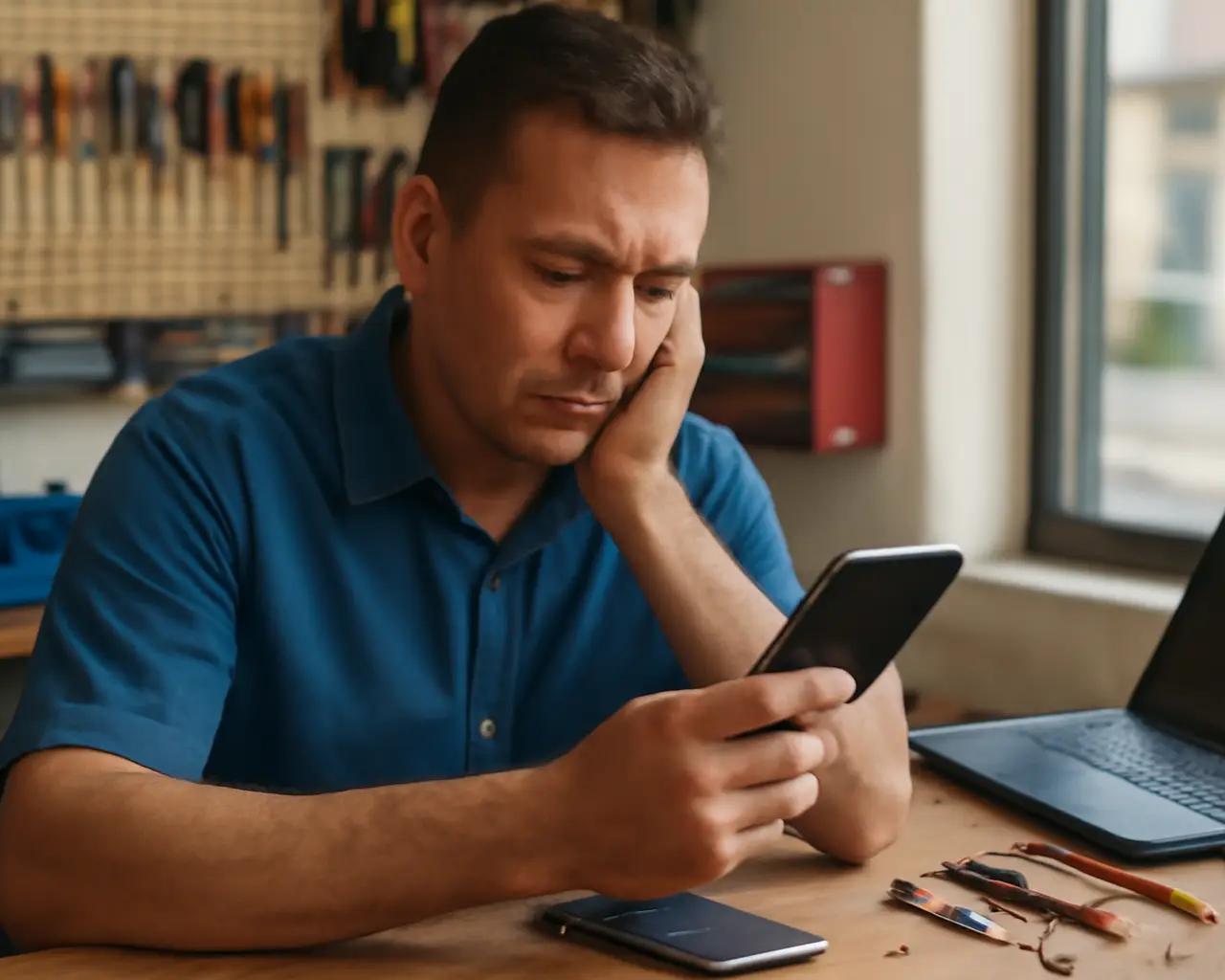 Dono de uma assistência técnica pensativo, olhando para um celular aberto em sua bancada de trabalho.