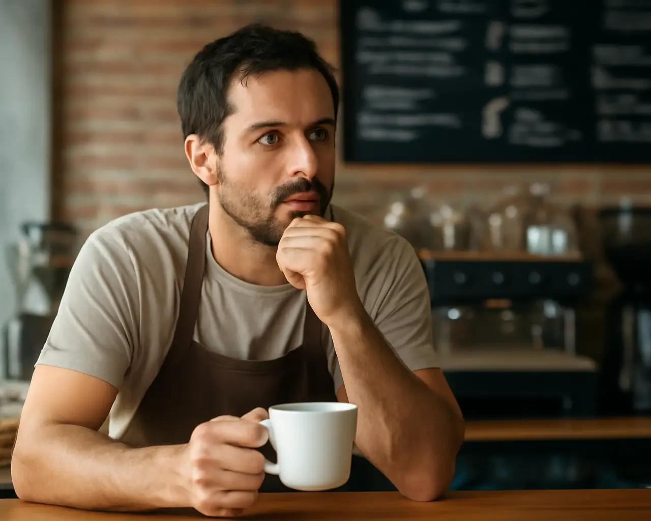 Dono de cafeteria pensativo em frente ao seu balcão, segurando uma xícara de café.
