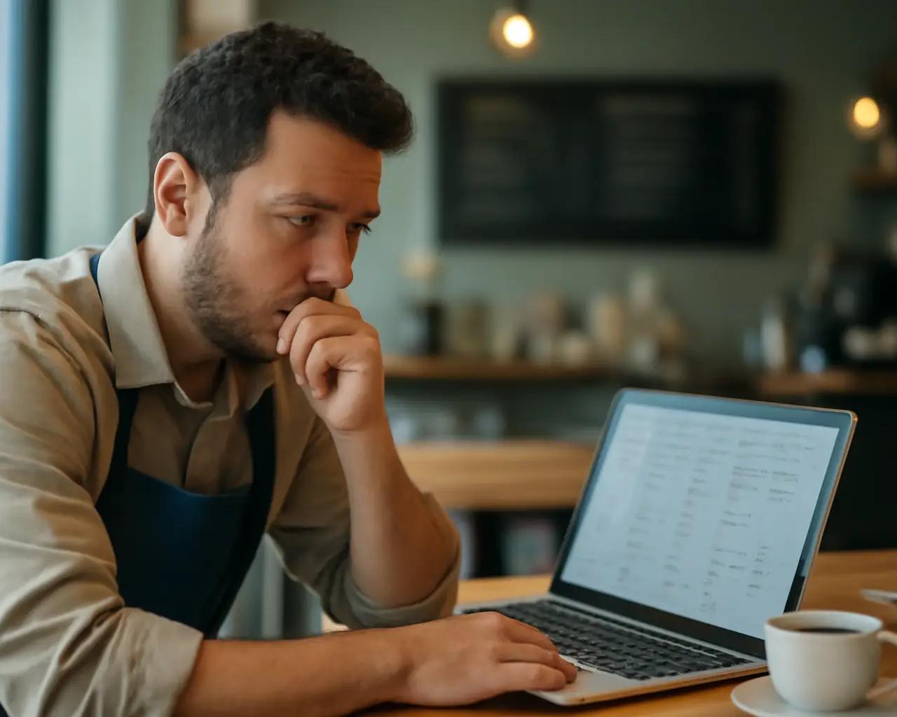 Dono de uma cafeteria olhando para um notebook com uma planilha aberta na tela, com uma expressão preocupada.