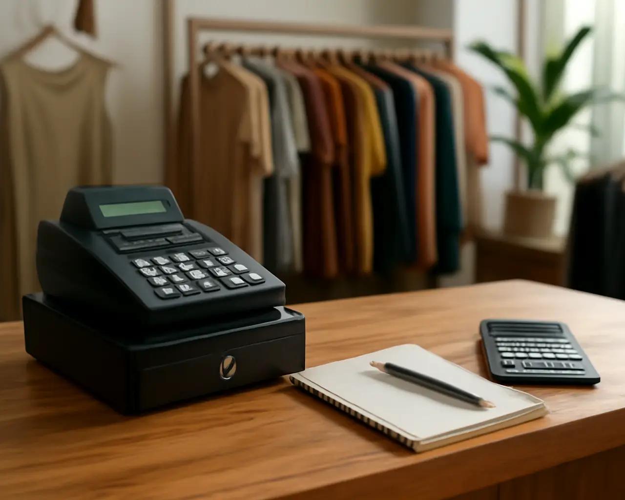 Balcão de loja de roupas com caixa registradora, caderno de anotações e calculadora sobre o balcão de madeira