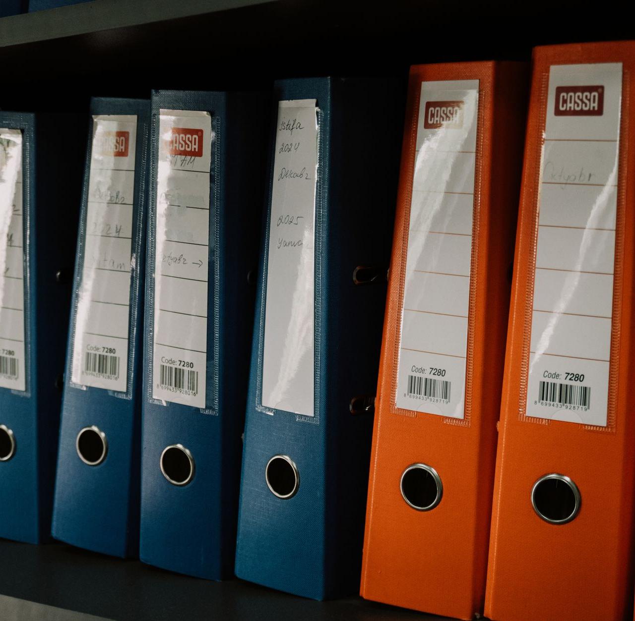 Row of colorful office binders neatly arranged on a shelf, ideal for organization concepts.