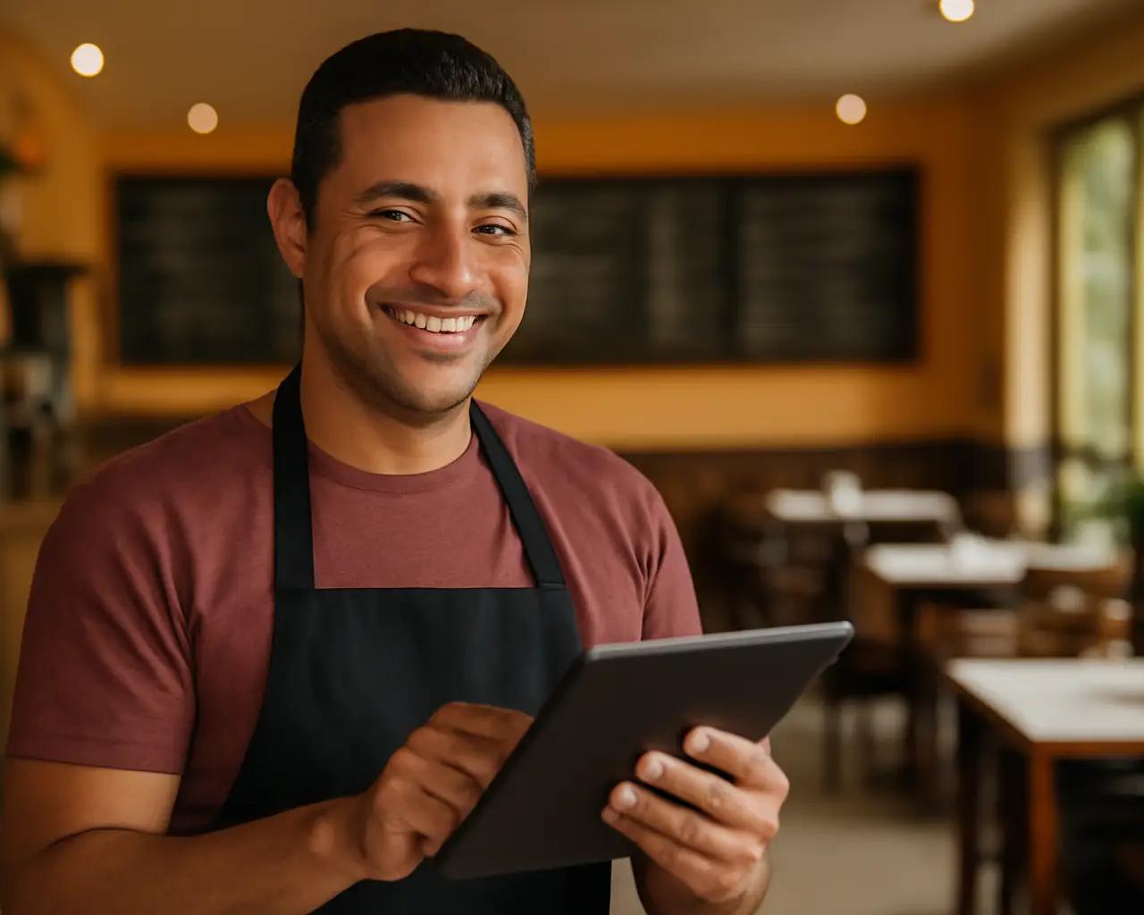 Dono de restaurante sorrindo enquanto usa um tablet para gerenciar seu negócio.