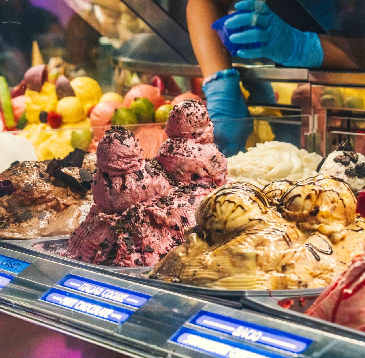 Indulge in vibrant gelato flavors at a Las Vegas dessert shop, showcasing creamy artisan ice cream.